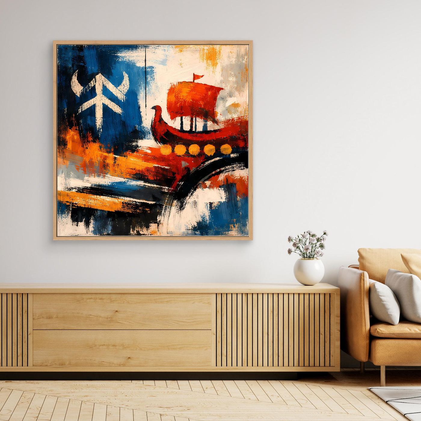 Leinwandbild mit abstraktem Wikingerschiff in Blau und Rot, mit hellem Holzrahmen