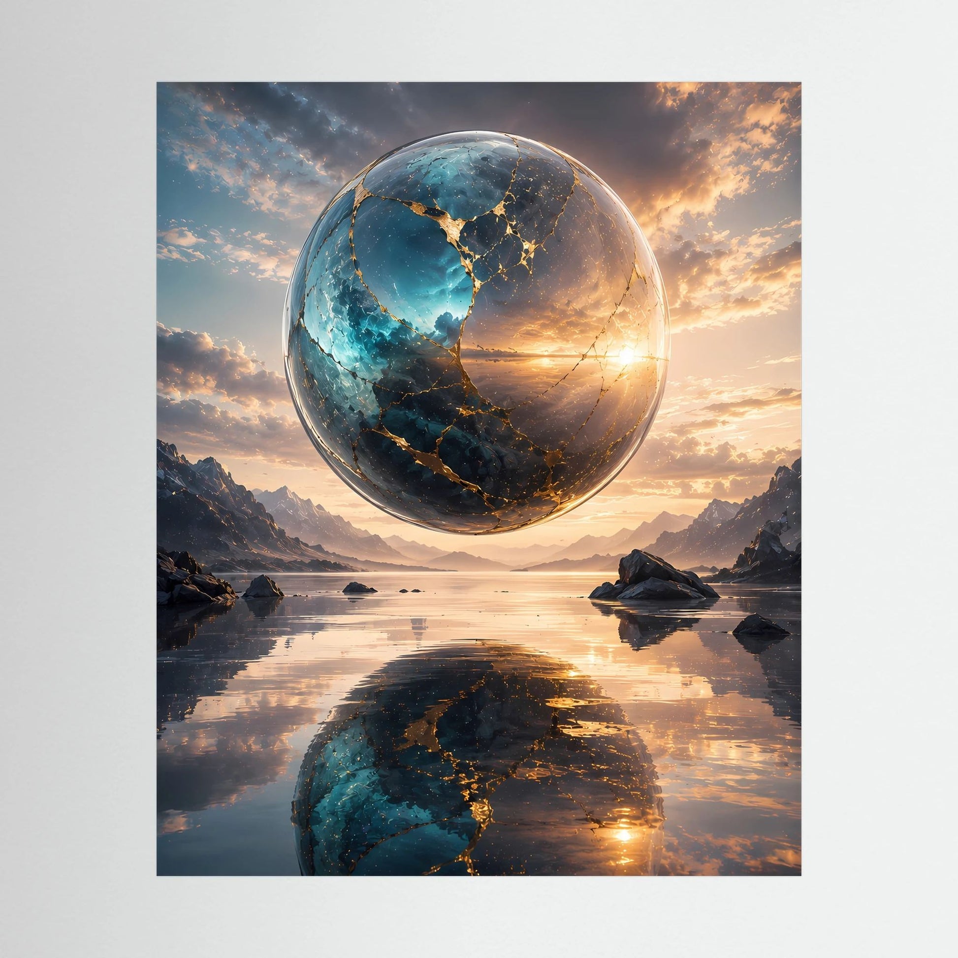 Hochformatiges Poster mit blauer und goldener schwebender Erdkugel über Wasserreflexion