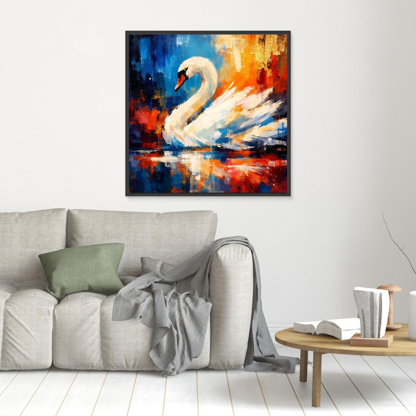 Leinwandbild: weißer Schwan im abstrakten Farbspiel aus Blau, Orange und Rot, gerahmt.