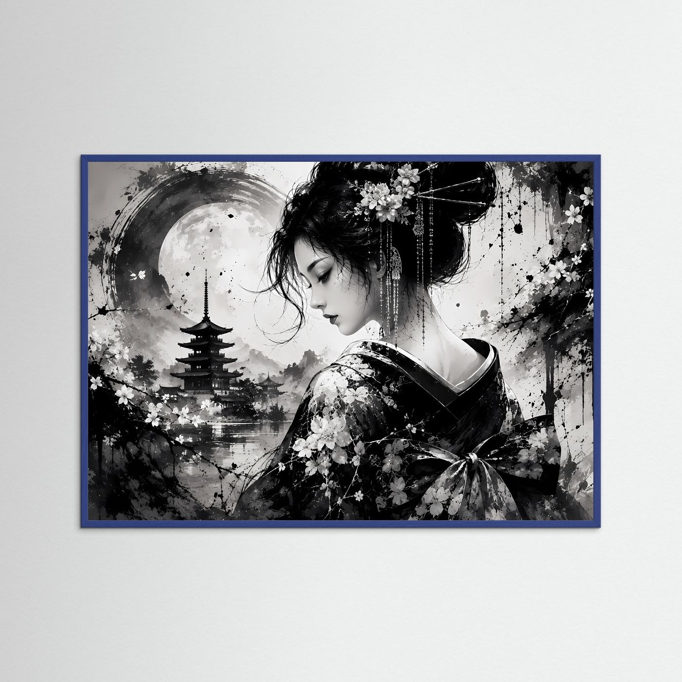 Geisha Poster Schwarz Weiß | Japanische Pagode & Vollmond | Sumi-e Wandbild | Asiatische Zen Kunst | Moderne Japan Wall Art