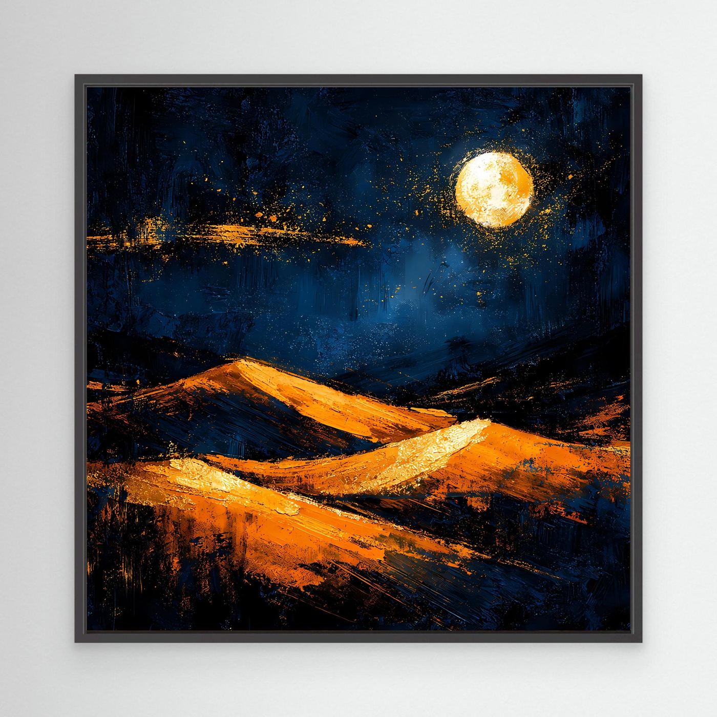 Abstraktes Leinwandbild mit goldener Sonne, orange Dünen und dunklem Blau im schwarzen Rahmen