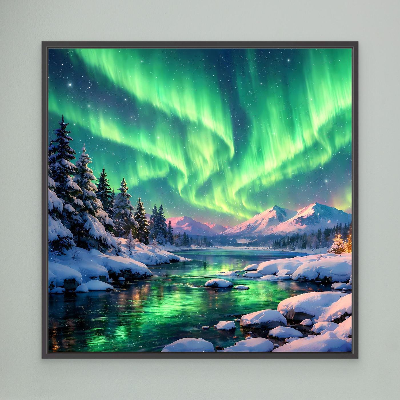Leinwandbild Magische Polarlichter | Winterliche Polarlicht-Nacht Wandbild auf echtem Holzkeilrahmen