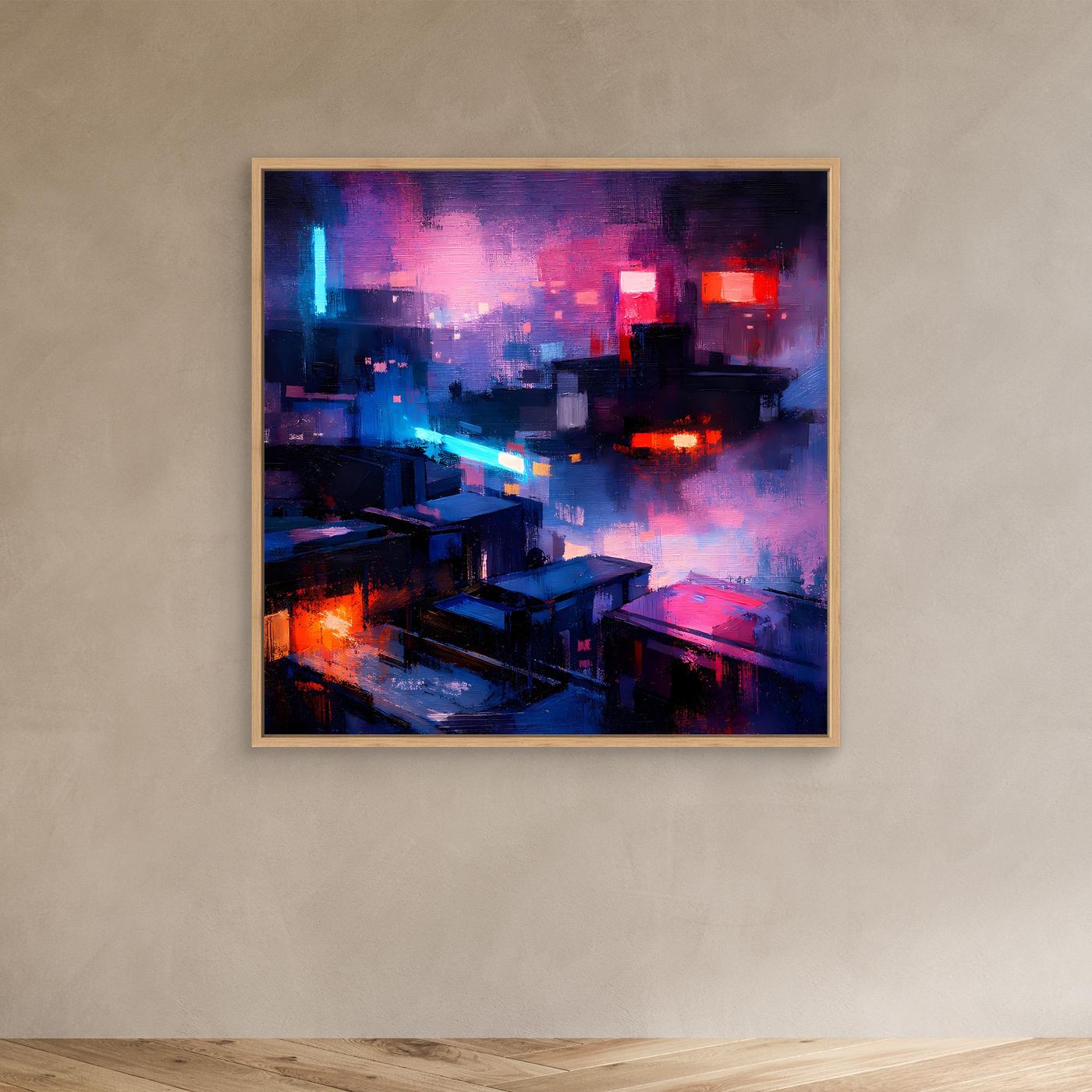 Leinwand Cyberpunk City bei Nacht | Modernes Neon-Dystopie Wandbild auf echter Leinwand