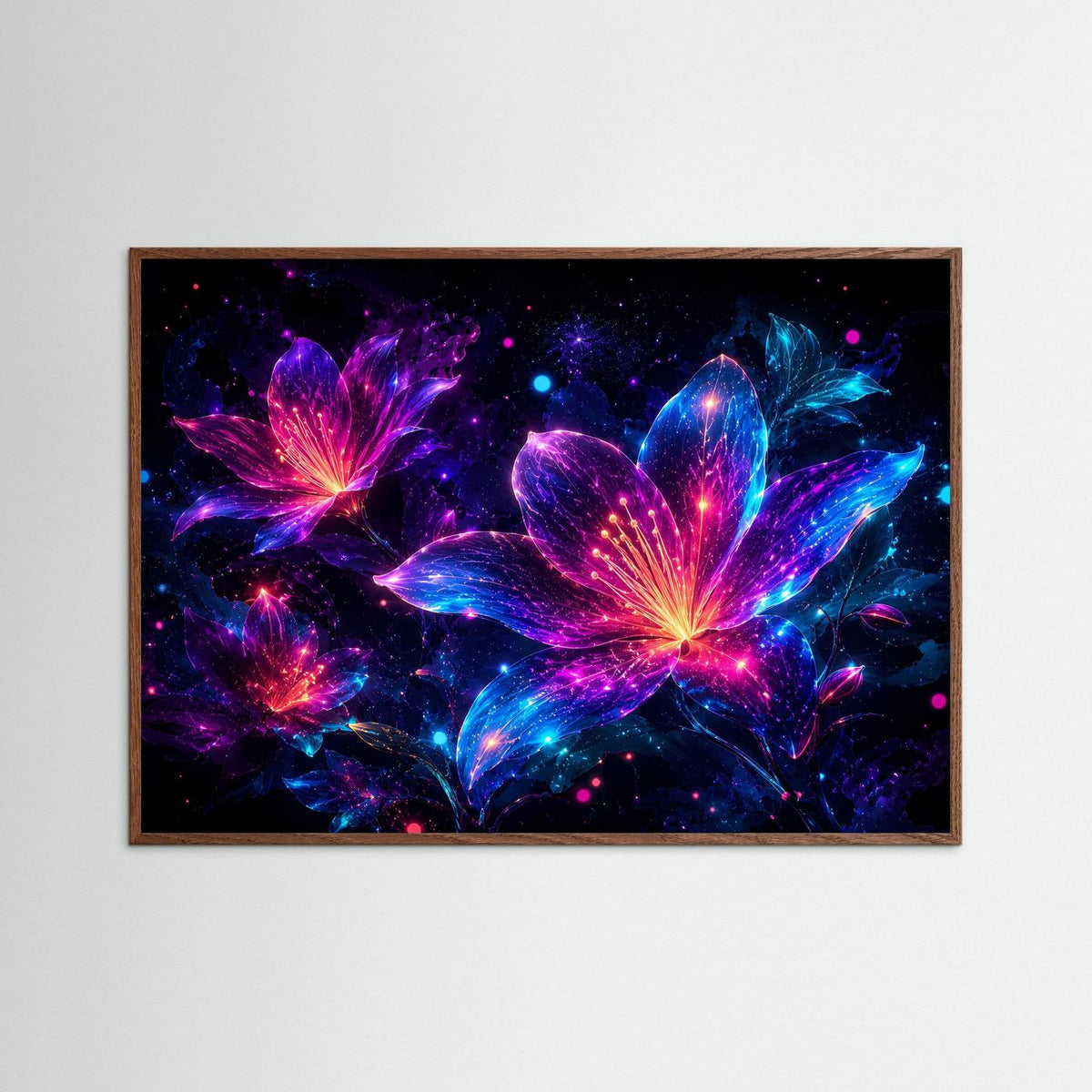 Neon-Blumenwandbild mit leuchtenden Lilien in Pink, Violett und Blau, dunkler Eichenrahmen