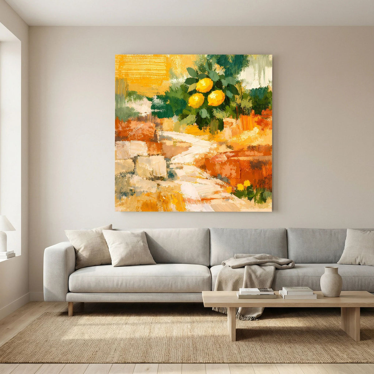 Wandbild über Sofa, abstrakte Szene mit Zitronenzweig und gelben Früchten