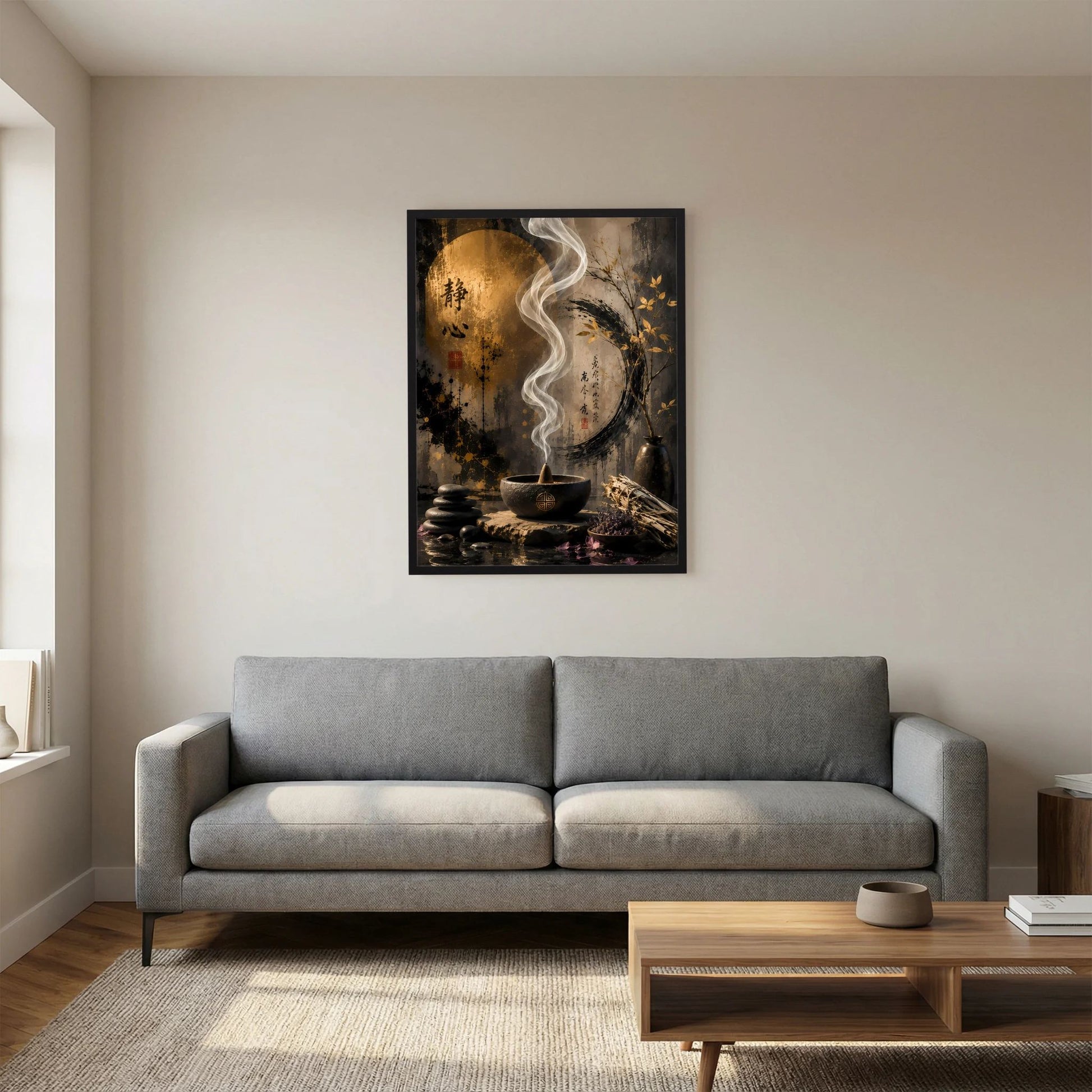 Gerahmtes Poster mit goldener Kreisfläche, weißem Rauchwirbel und dunkler Räucherschale.