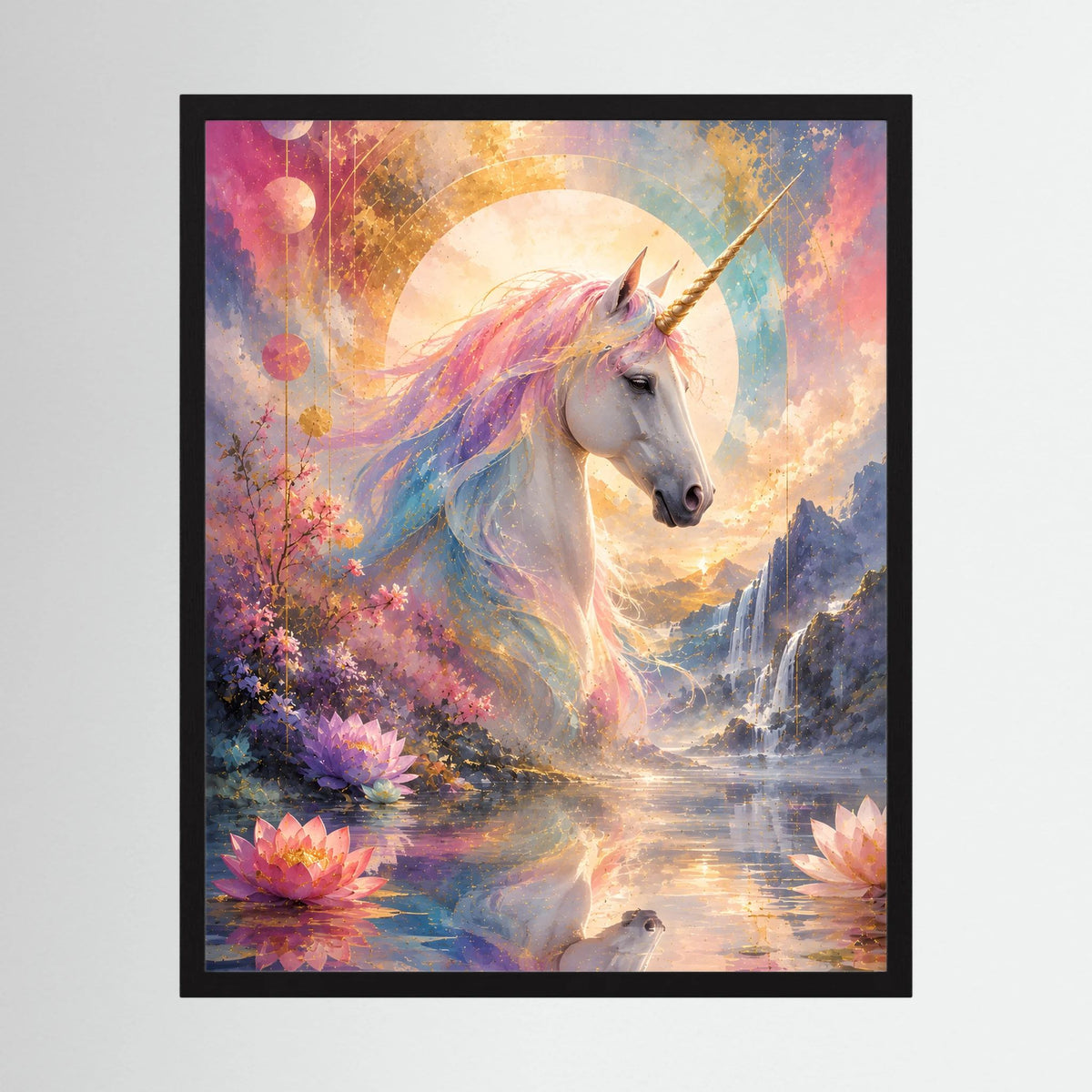 Gerahmtes Einhorn-Kunstposter: weißes Einhorn mit farbigen Flügeln und Lotusteich