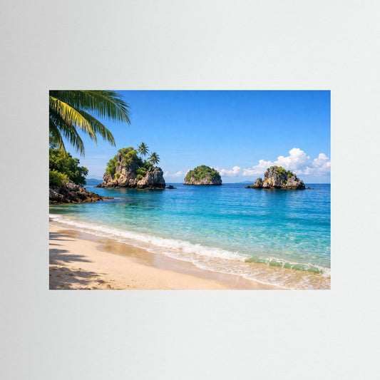 Strandposter Panorama: tropische Bucht mit Palmen, türkisfarbenem Wasser und Sandstrand