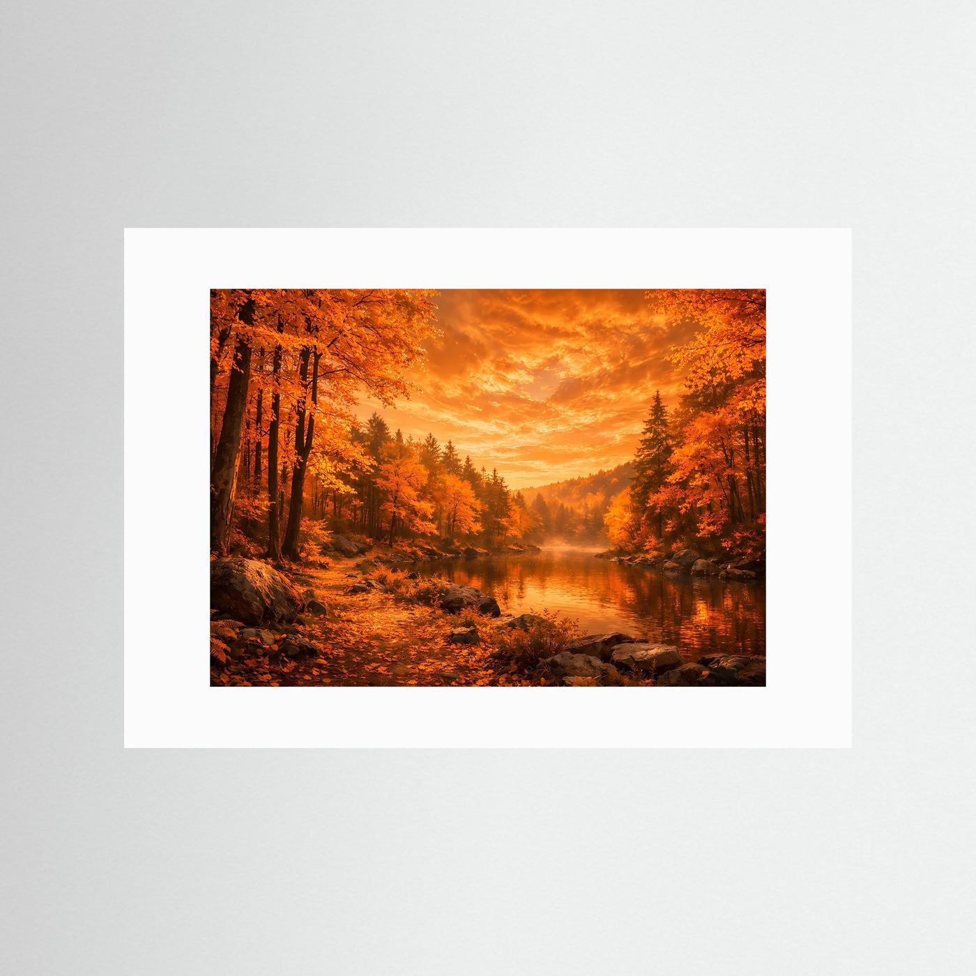 Herbst-Wandbild mit Fluss und Wald bei goldenem Abendhimmel, weißer Rahmen