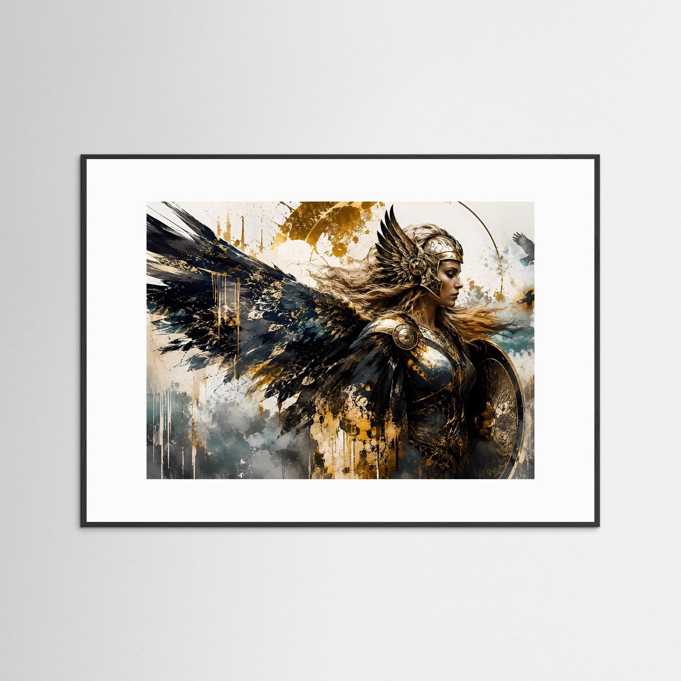 Walküre mit Engelsflügeln in Gold & Schwarz | Episches Mythologie Wandbild & Kunst-Poster
