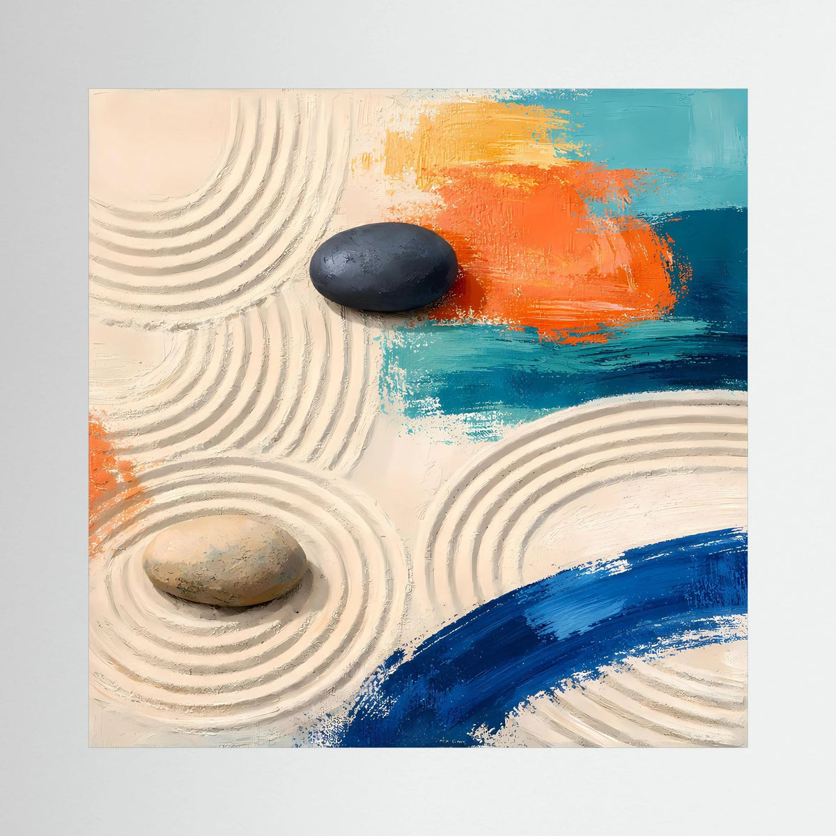 Abstraktes Leinwandbild mit Sandlinien, zwei Steinen und orange-blauem Farbauftrag