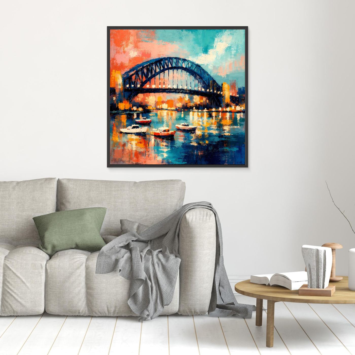 Kleines Leinwandbild der Sydney Harbour Bridge mit Booten, abstrakt, mit schwarzem Rahmen