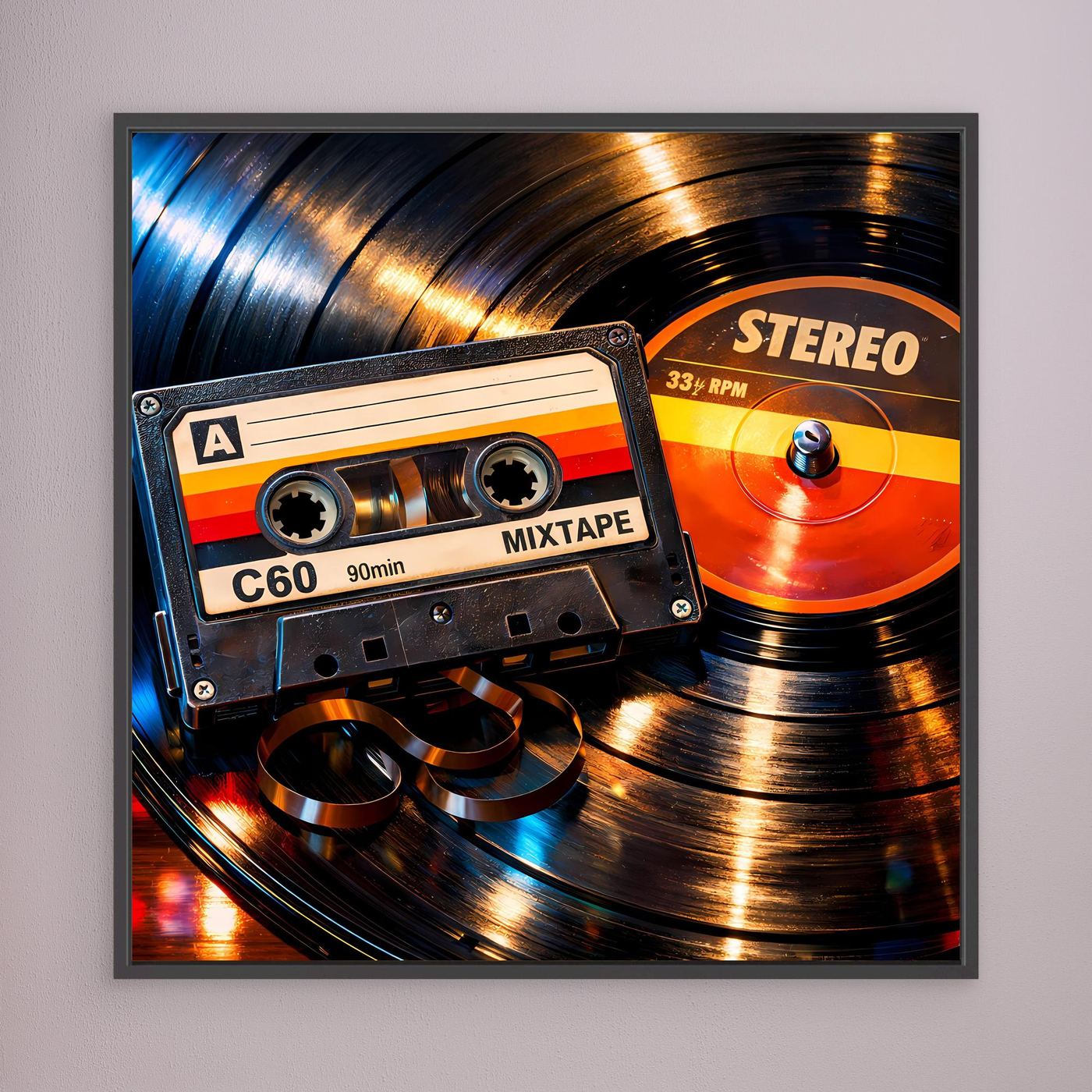 Gerahmtes Leinwandbild mit Schallplatte und Mixtape im Retro-Look, schwarzer Rahmen.