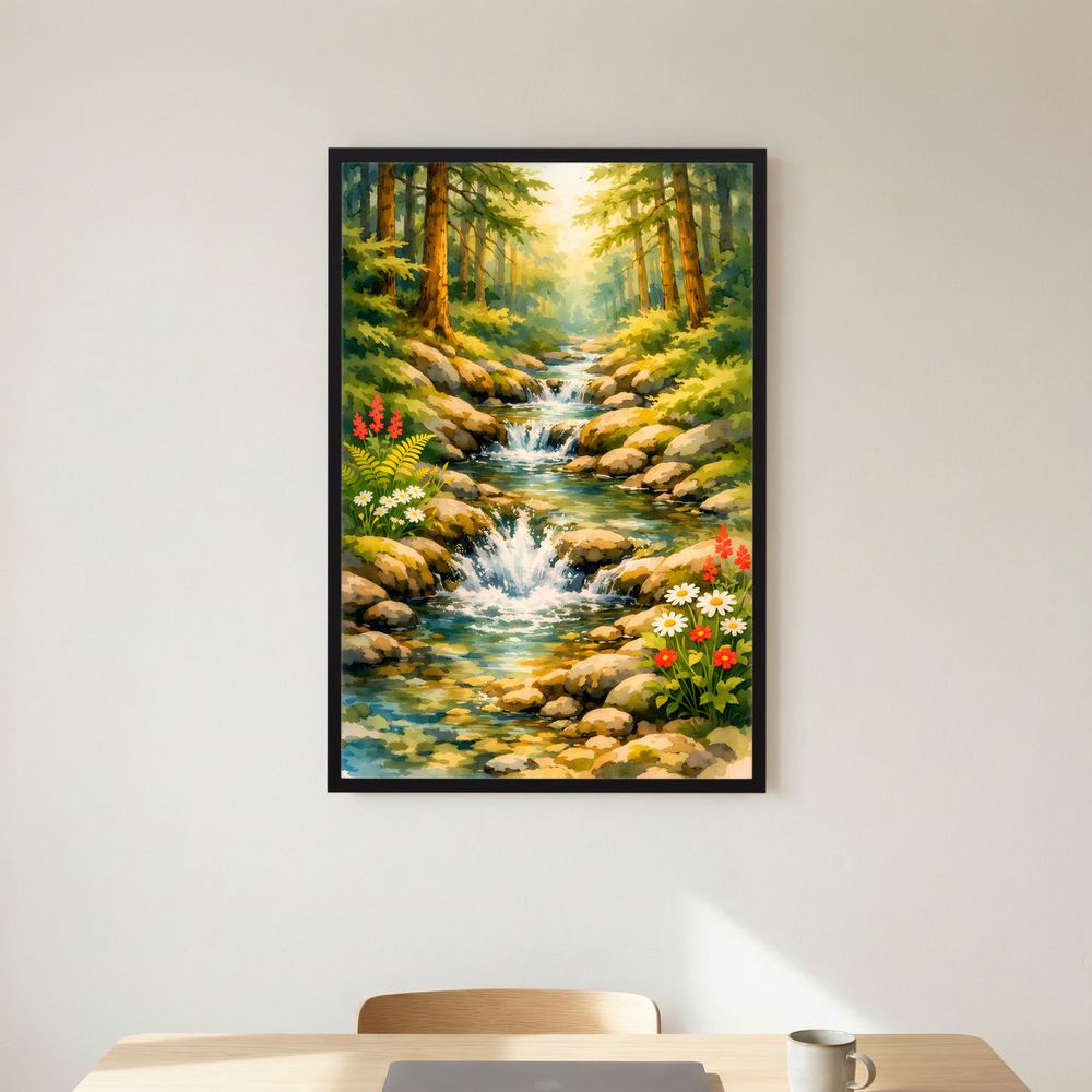 Wasserfall-Wandposter mit Bach, Felsen und Blumenwiese, schwarzer Rahmen
