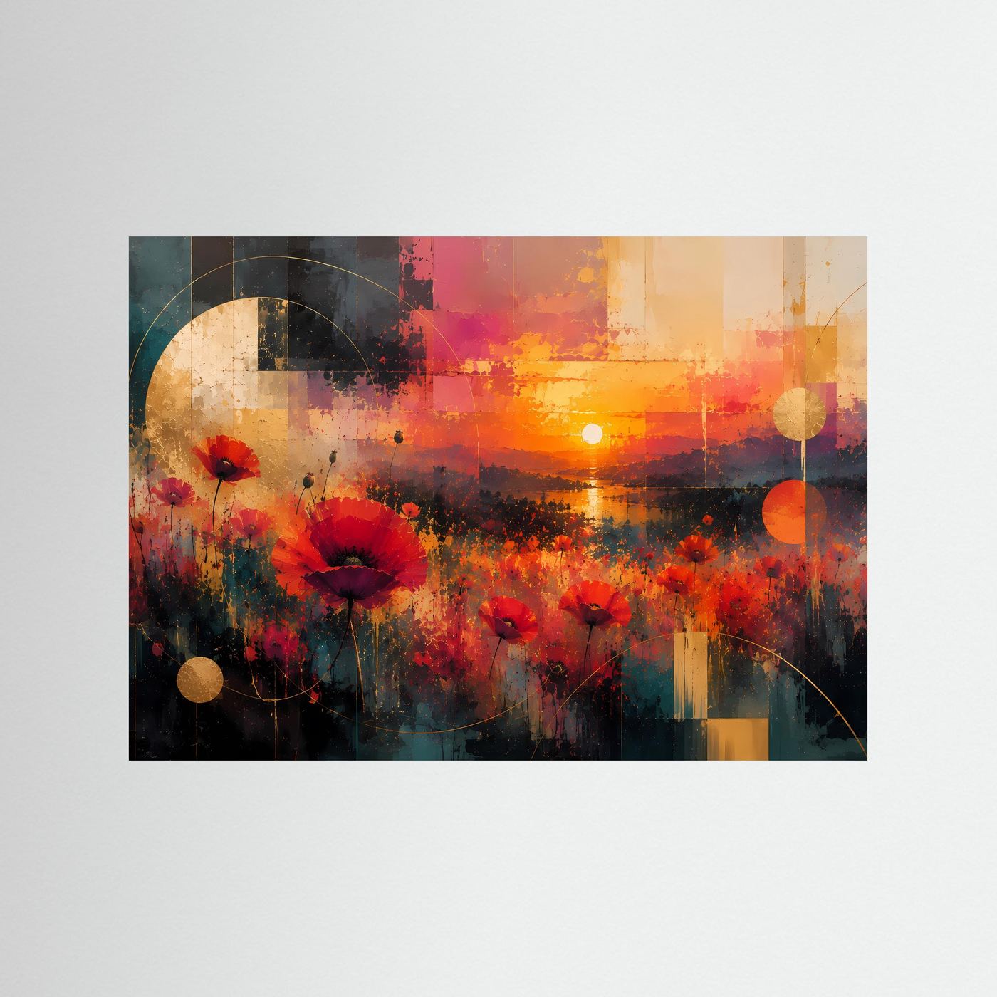 Abstraktes Mohnblumenbild ohne Rahmen: rote Blüten, orangefarbener Sonnenuntergang
