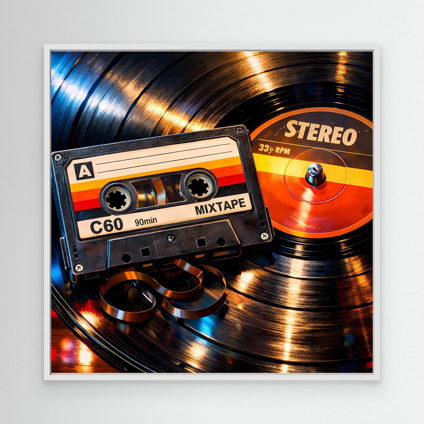Leinwandbild mit Retro-Mix Tape und Schallplatte, orange/blau, weißer Rahmen