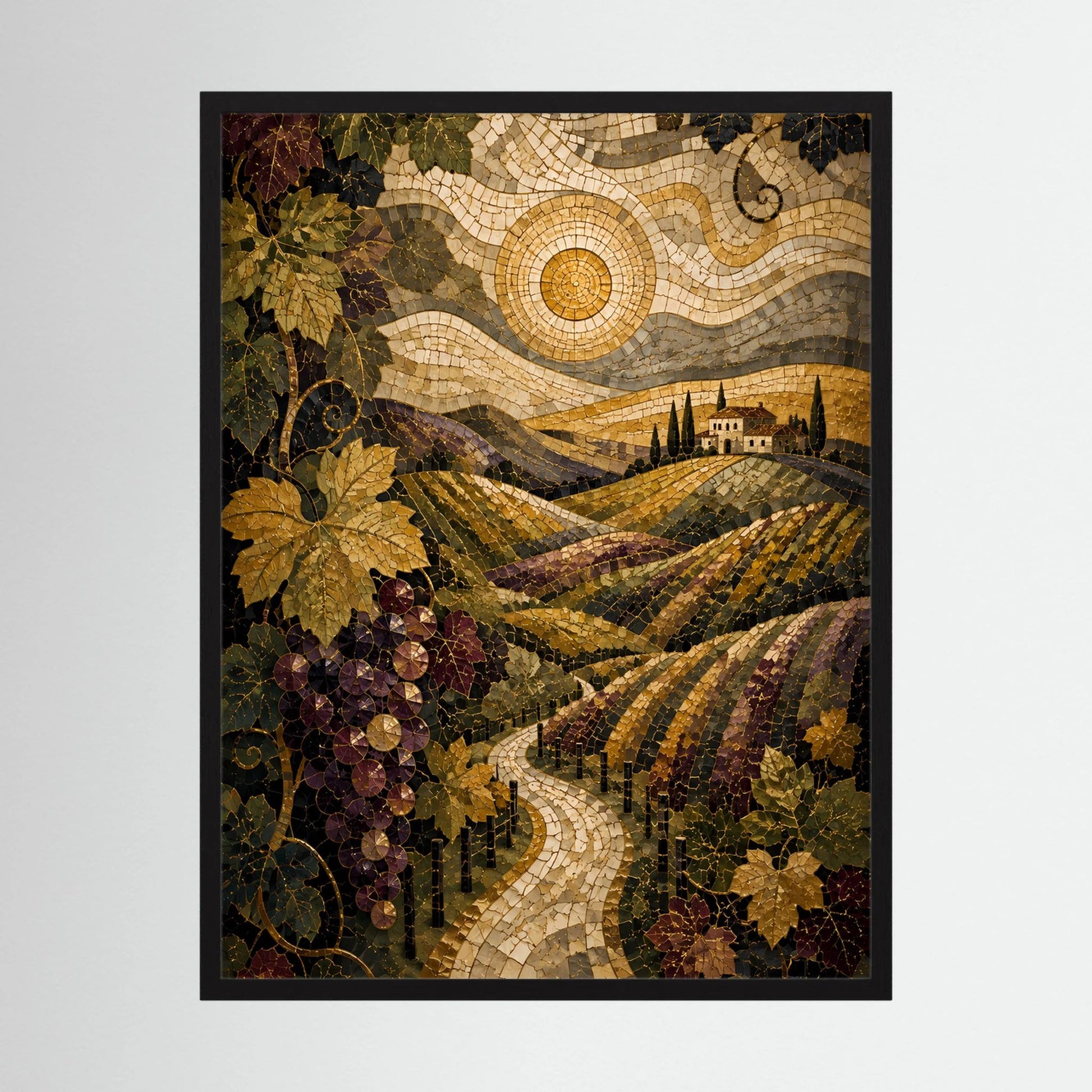 Poster mit Mosaik-Landschaft toskanischer Weinberge im schwarzen Rahmen, Weintrauben & Wege