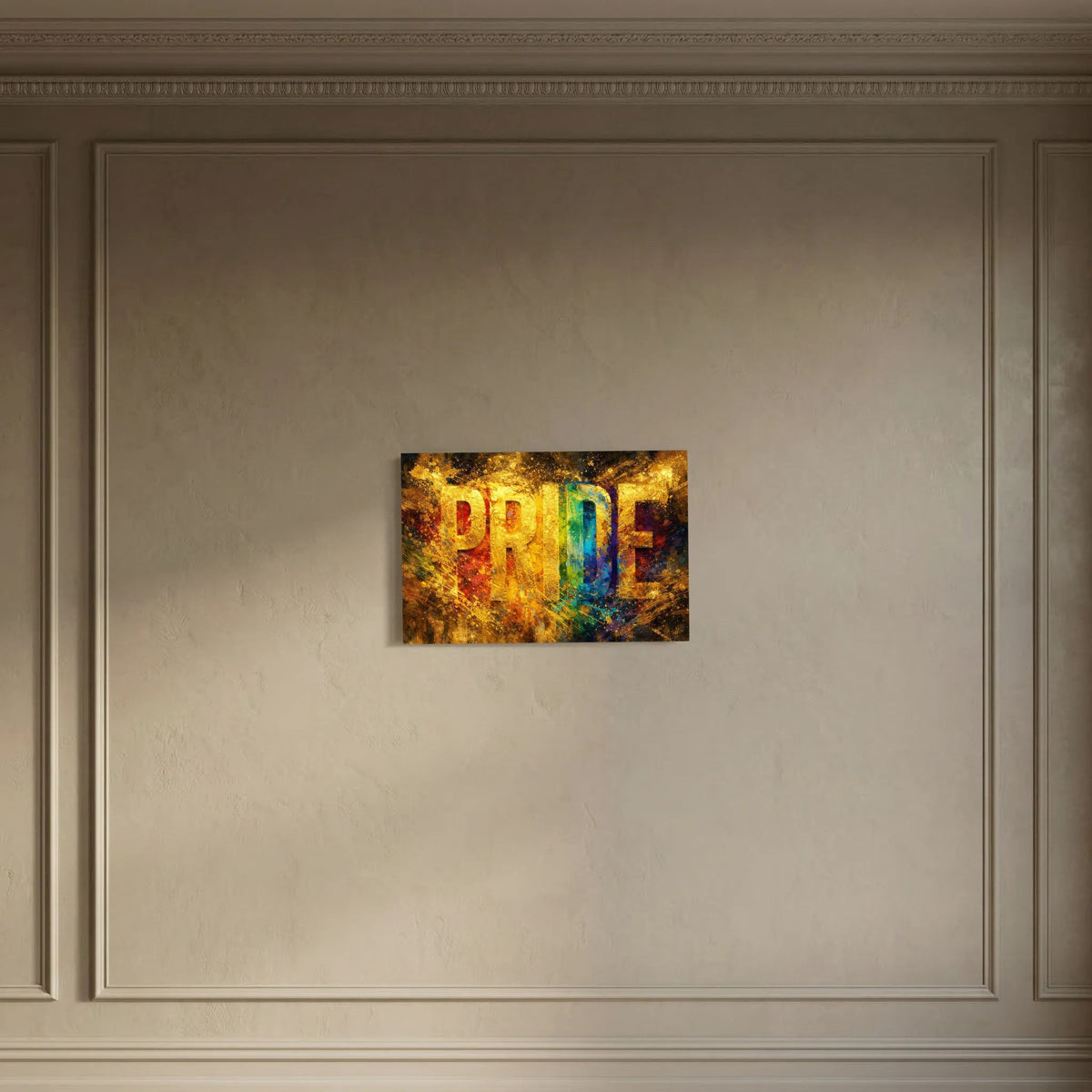 Wandbild im Querformat mit goldfarbenem PRIDE-Motiv mit blauem Akzent