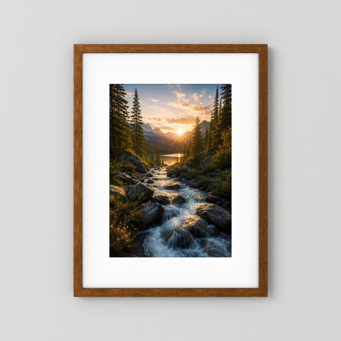 Hochformat-Poster im braunen Holzrahmen mit weißem Rand: Wasserlauf zwischen Felsen.