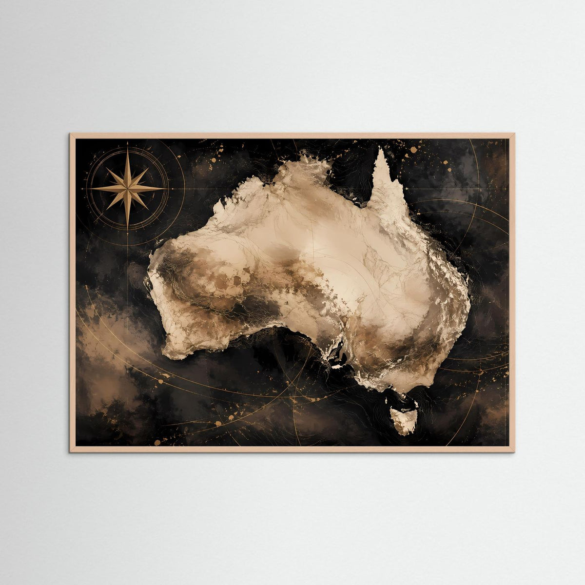 Australien-Wandkunst Poster im roséfarbenen Holzrahmen, Kontinent in Beige mit Goldkompass