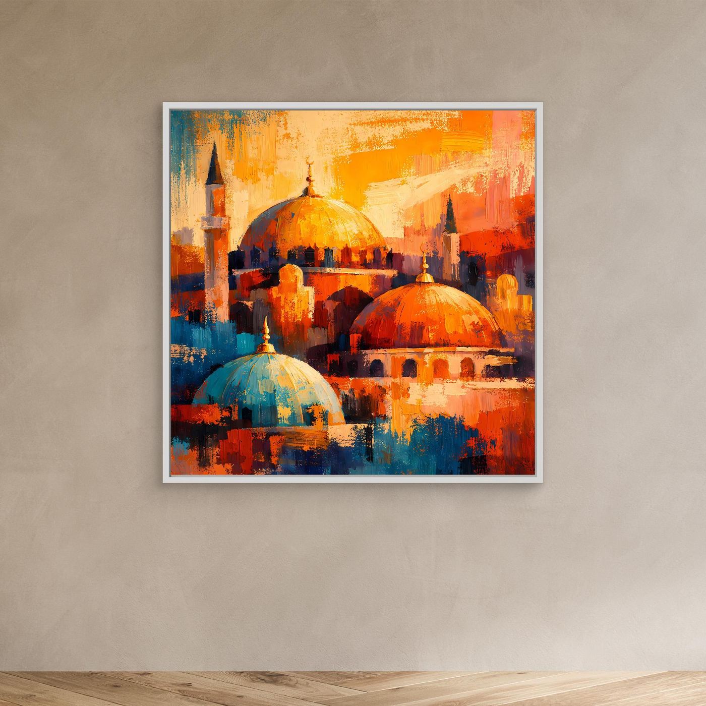 Abstraktes Leinwand-Wandbild mit Moschee, orange und blaue Kuppeln, hell gerahmt