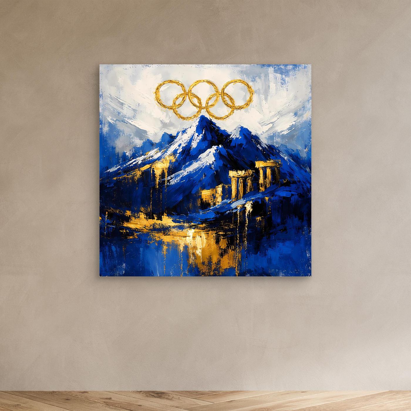 Leinwand Olympischer Geist am Mount Olympus | Abstraktes Berge Wandbild Gold Blau