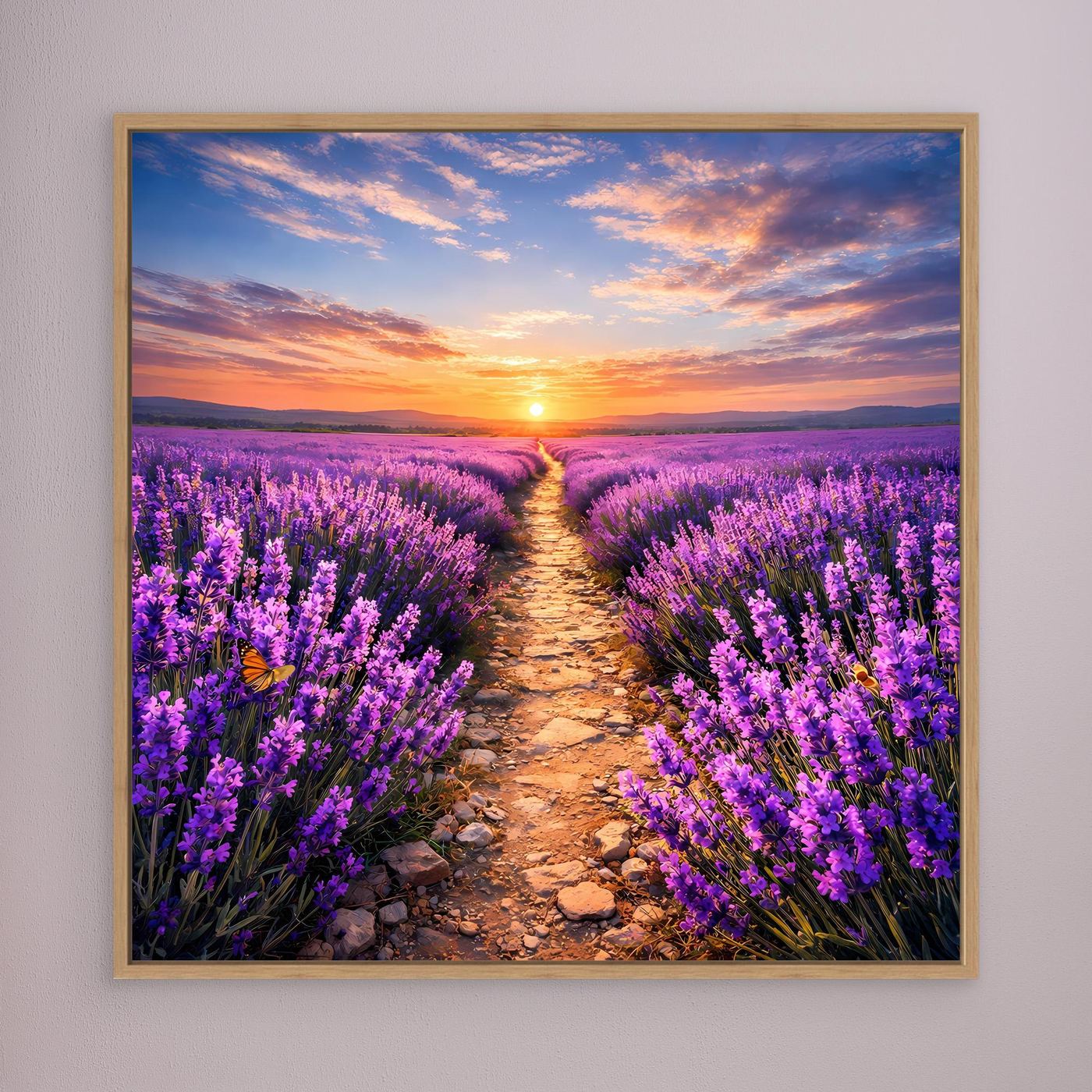 Leinwandbild mit Lavendelfeld und Sonnenuntergang, lila Blütenweg, Holzrahmen