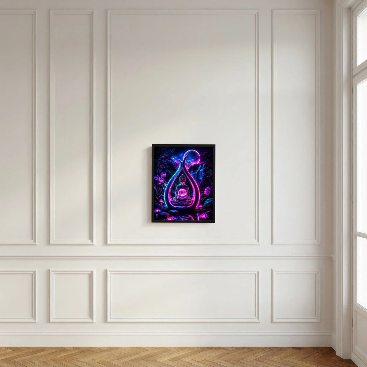 Neon-Buddha-Poster im Rahmen, Lotus und Mond, lila-blaue Leuchtgrafik