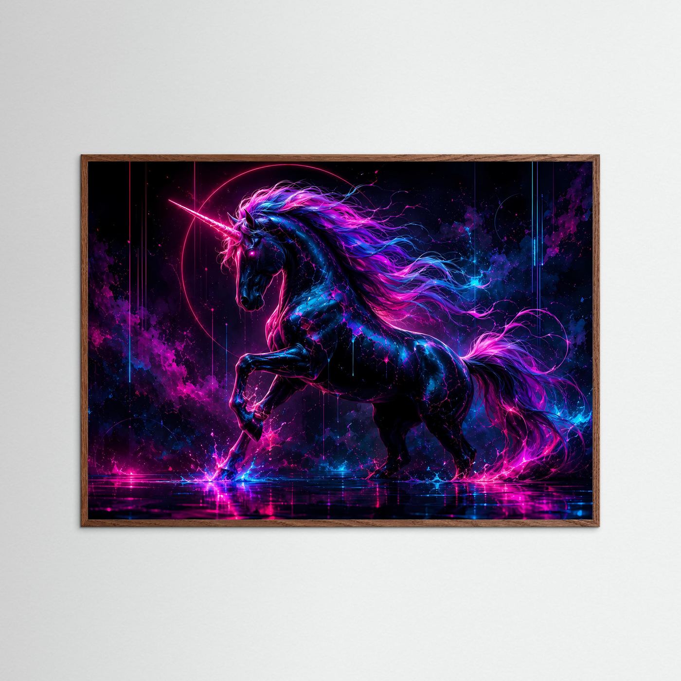 Neon Einhorn Poster | Mystische Fantasy Wandkunst | Magisches Unicorn | Cyberpunk Kunst | Premium Leinwandbild