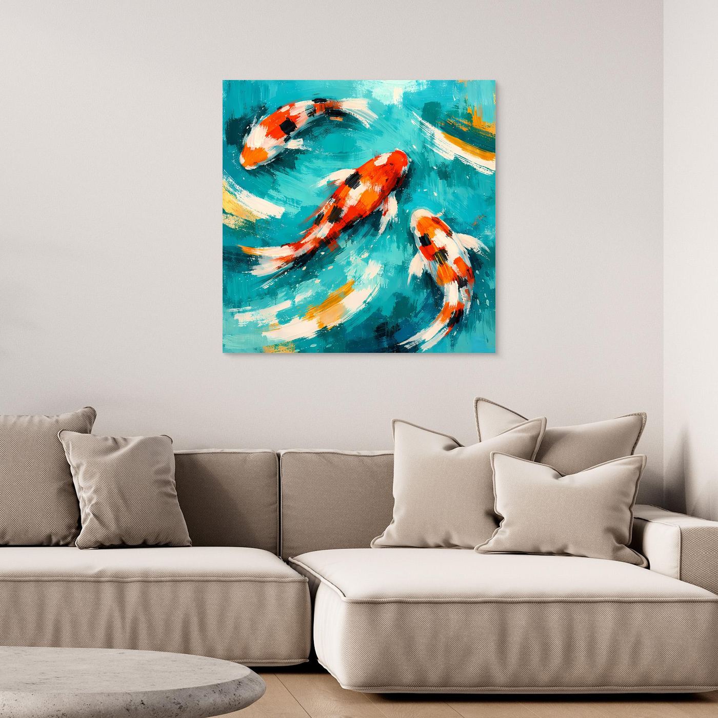 Leinwand Dynamische Koi-Karpfen im smaragdgrünen Wasser | Fernöstliches Wandbild auf Keilrahmen