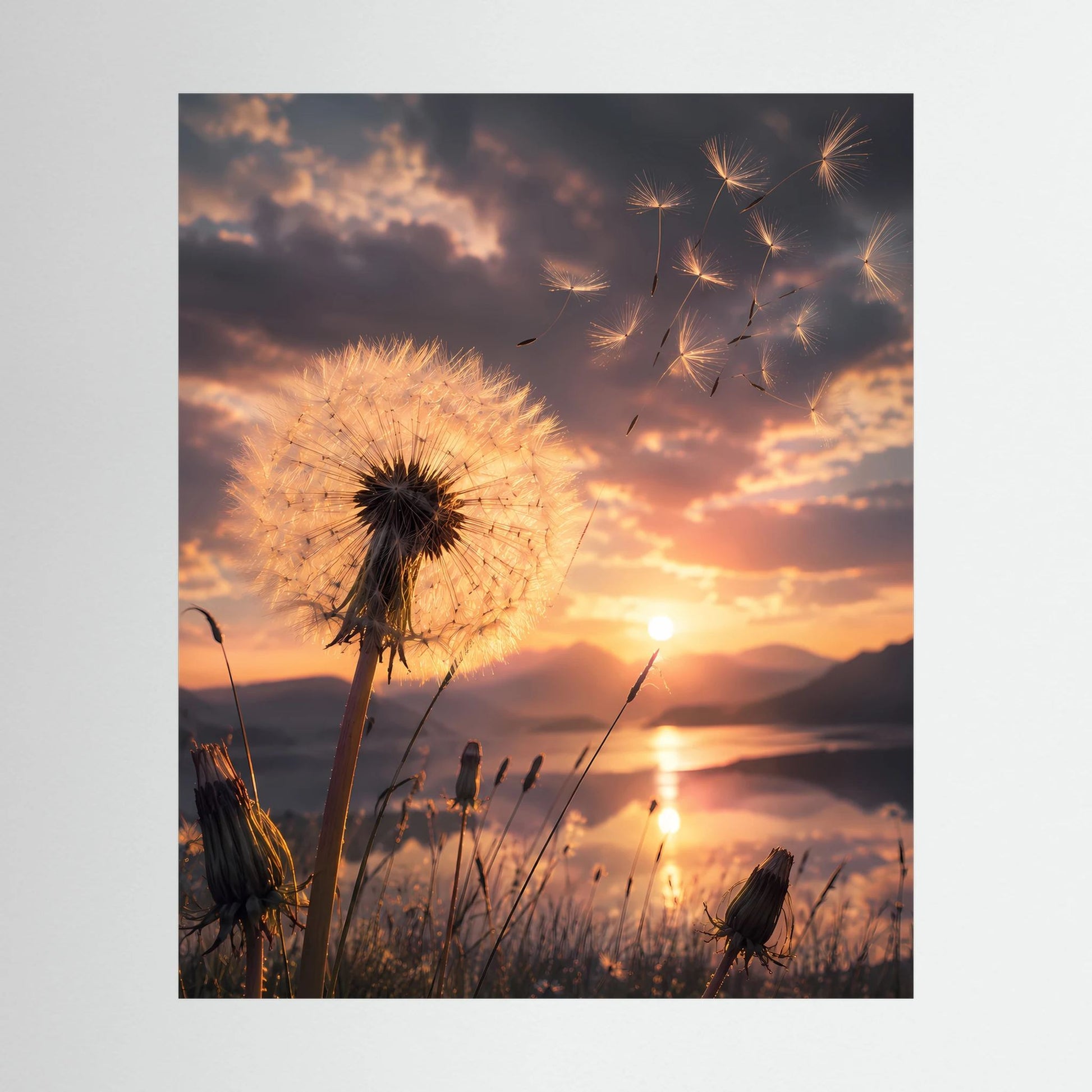 Poster im Hochformat mit Pusteblume und Sonnenuntergang am See