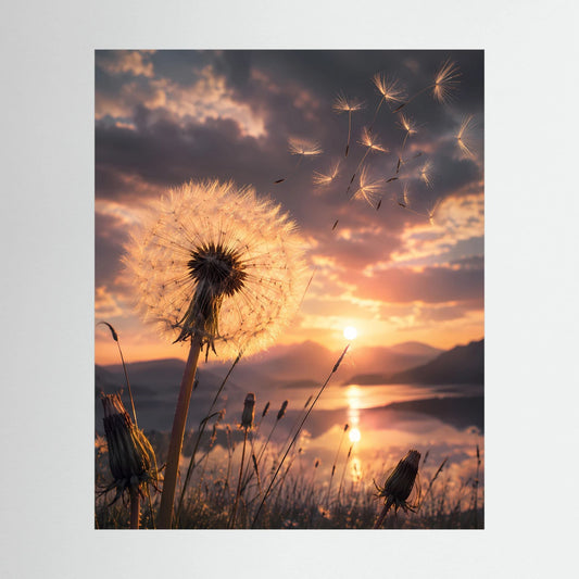 Poster im Hochformat mit Pusteblume und Sonnenuntergang am See