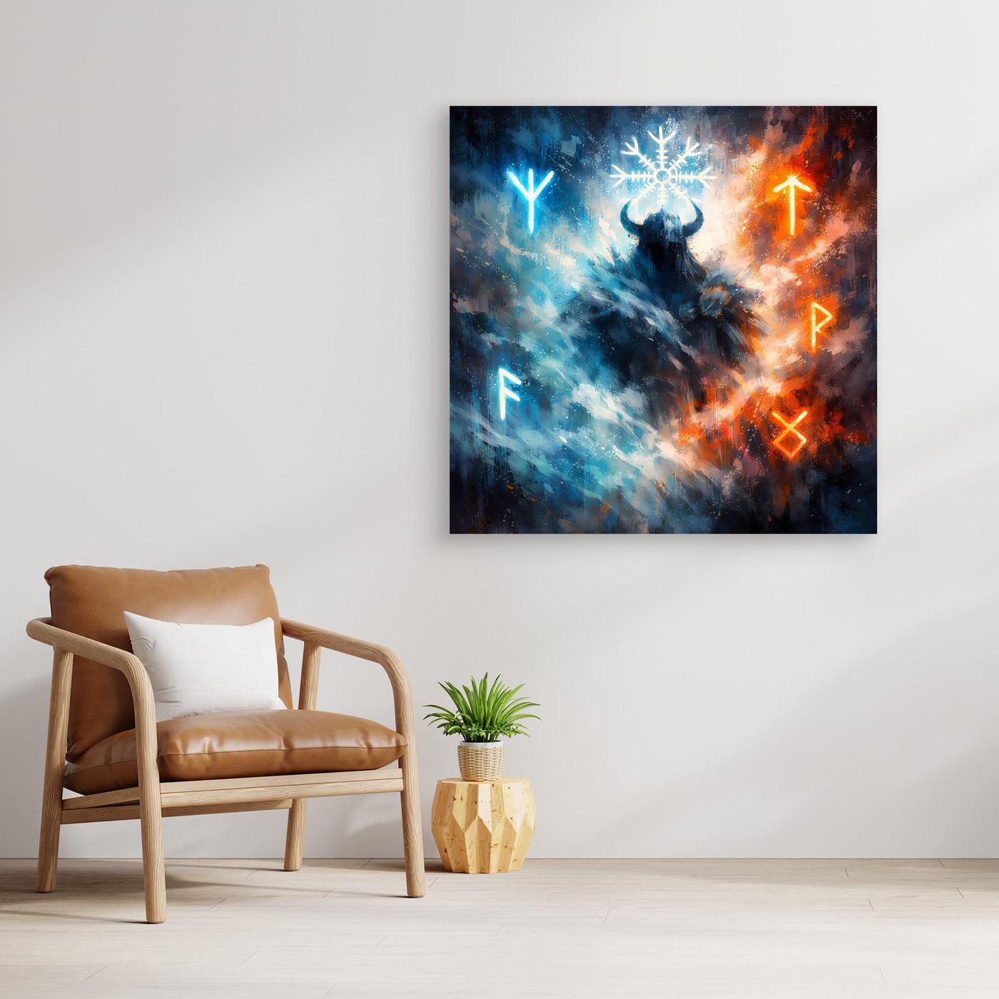 Leinwand Wikinger Krieger mit Runen | Mystisches Nordisches Wandbild auf echter Leinwand