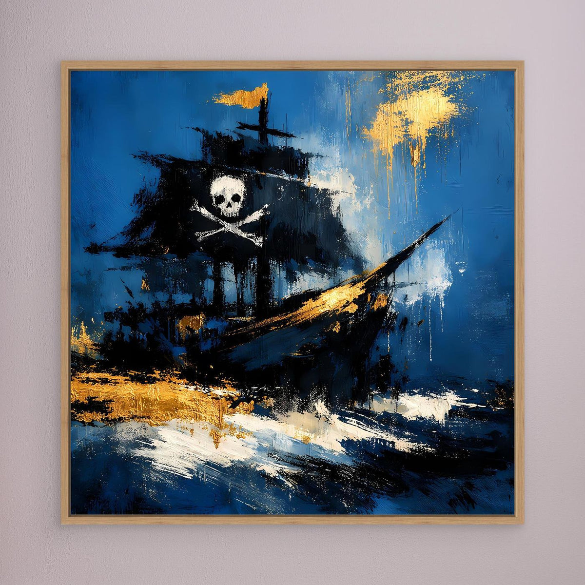 Leinwand-Wandbild mit Piratenschiff, blau-schwarzer Abstraktion, goldenen Akzenten, Holzrahmen