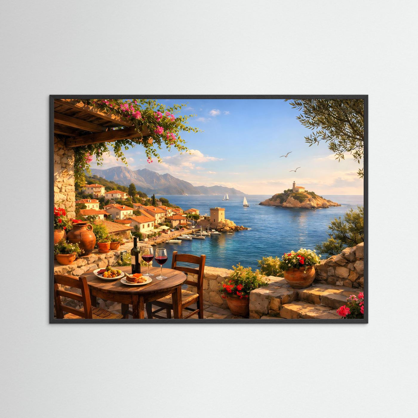 Mediterrane Terrasse mit Meerblick & Wein | Sommer Panorama Poster Querformat