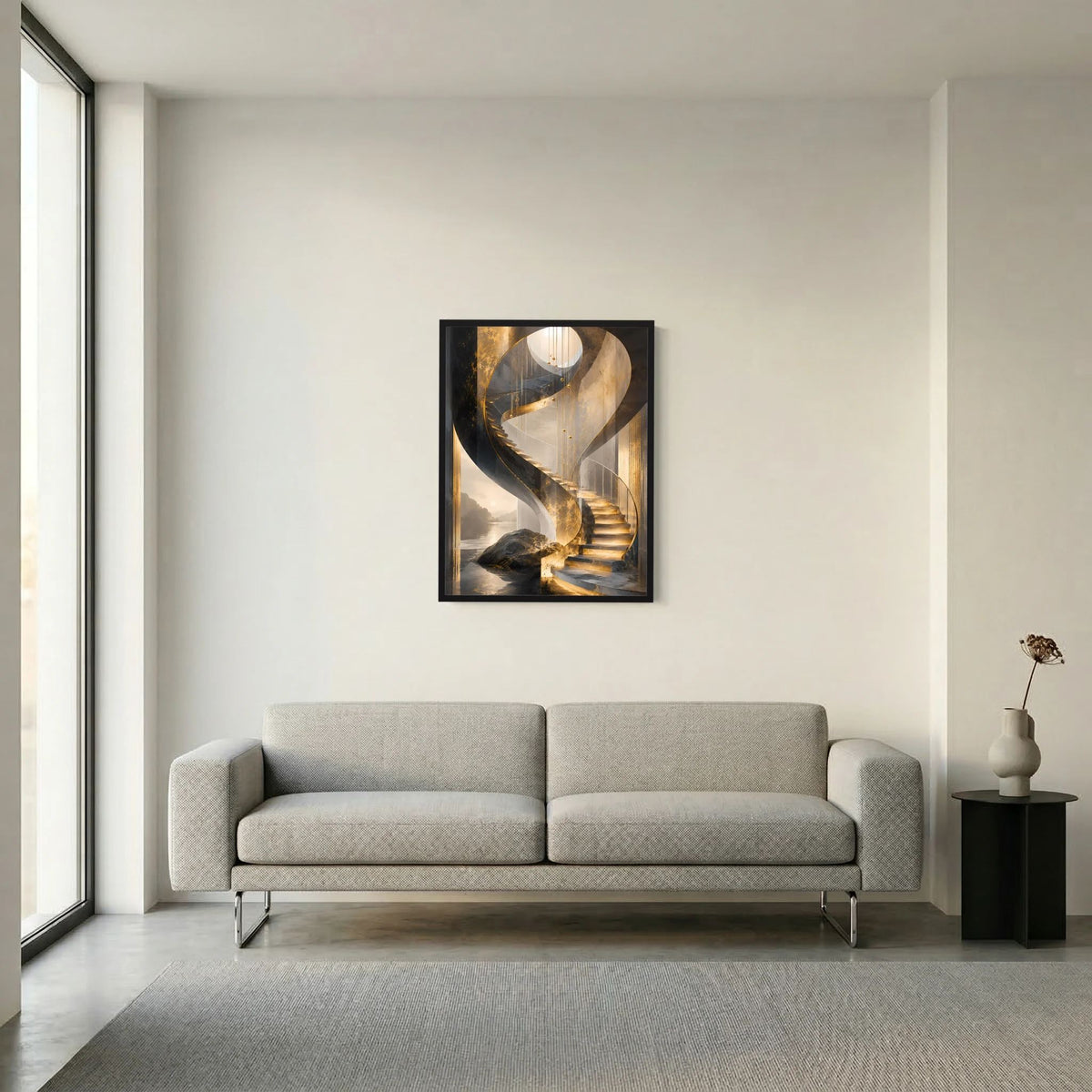 Gerahmtes Poster mit goldener Wendeltreppe, rechteckiger schwarzer Rahmen