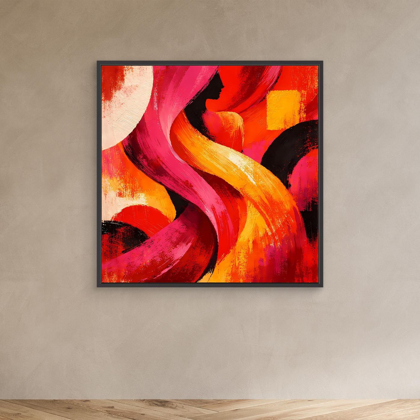 Leinwandbild mit abstraktem Silhouettenmotiv, rot, pink und gelb, mit schwarzem Rahmen