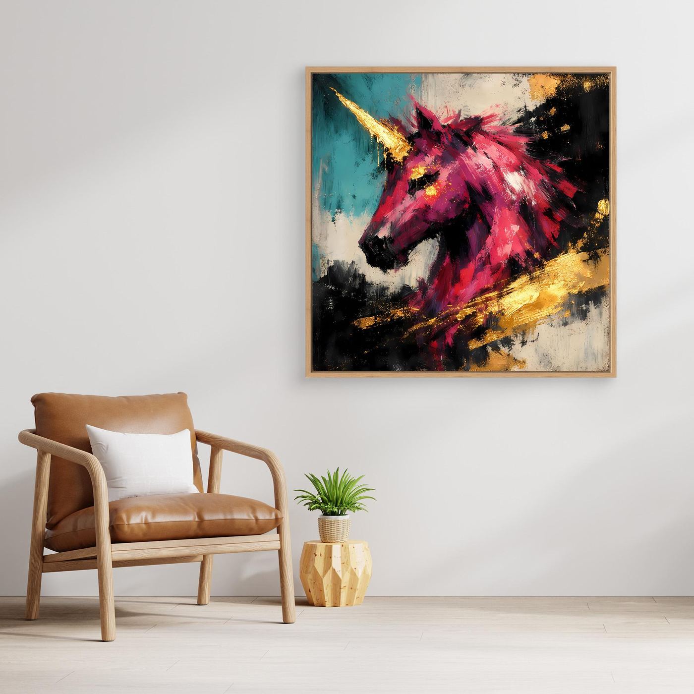 Leinwand-Fantasy-Wandbild mit Einhorn in Pink und Gold im goldfarbenen Rahmen