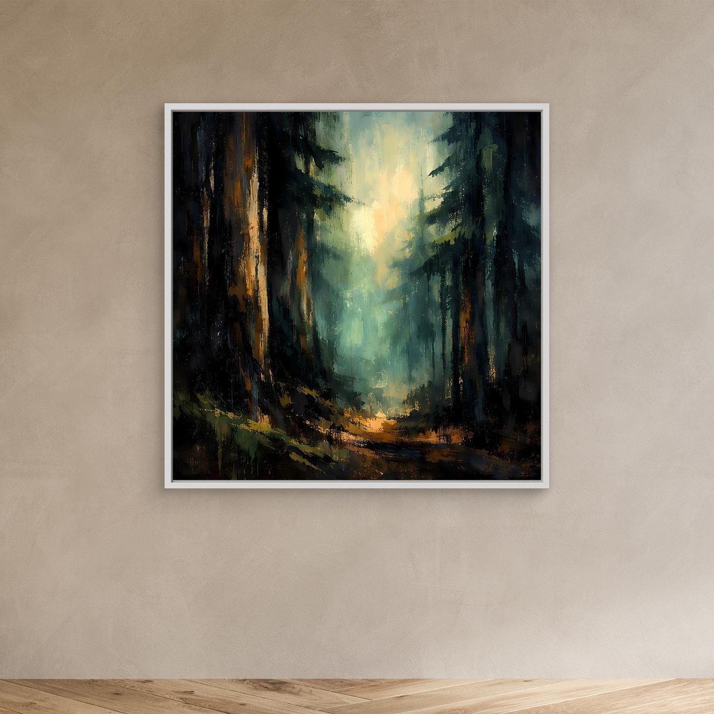 Abstraktes Leinwand-Wandbild: Tannenwald mit Lichtkegel, dunkle Baumformen, weißer Rahmen