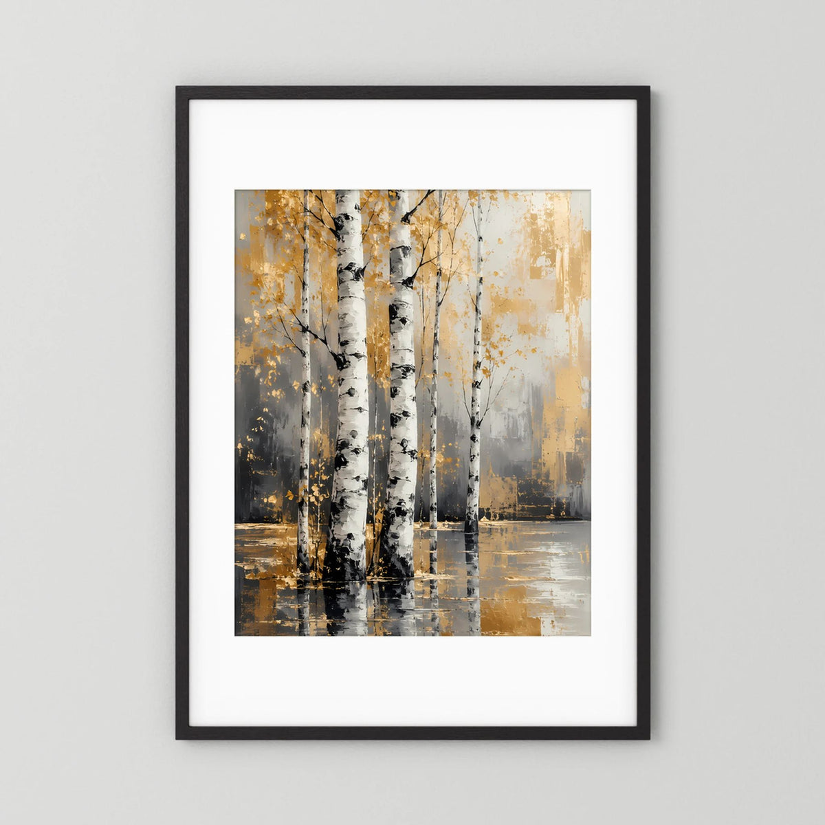 Hochformat-Poster mit abstrakten Birken, goldfarbenen Bereichen und Spiegelung im Wasser, schwarz gerahmt