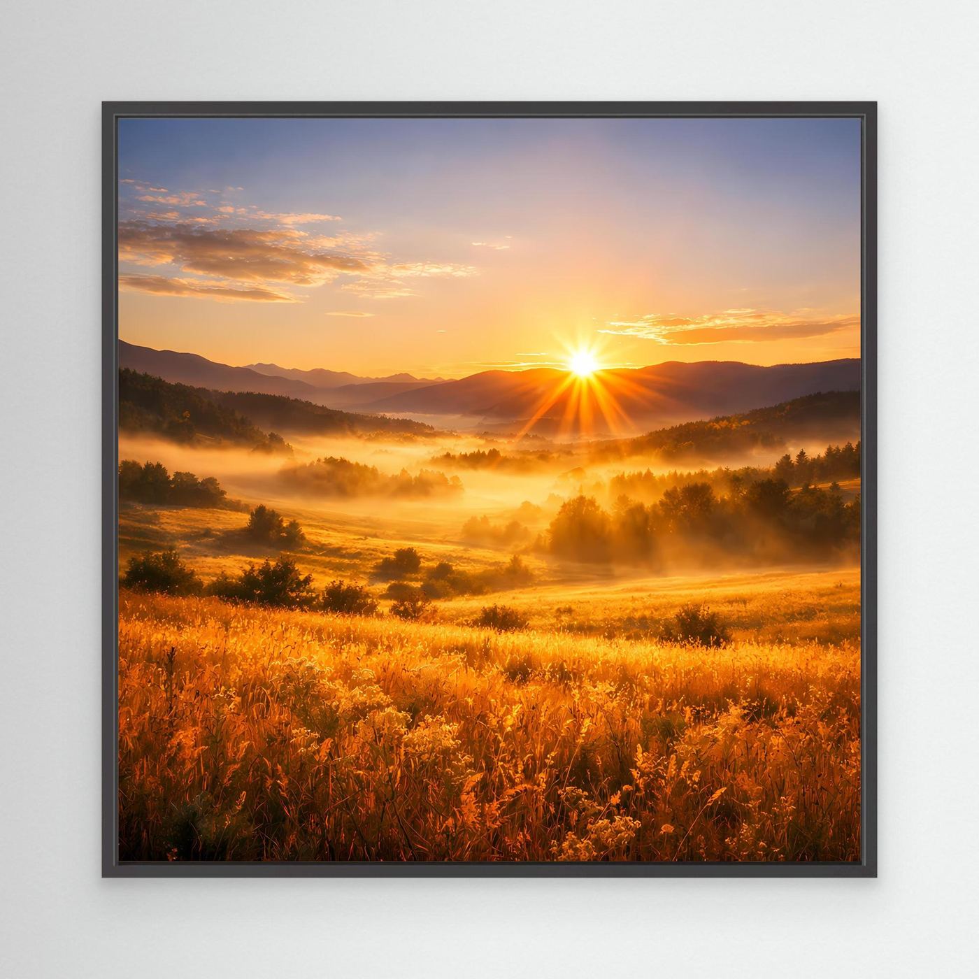 Leinwandbild im schwarzen Rahmen mit Sonnenaufgang über Bergtal und goldenen Feldern.