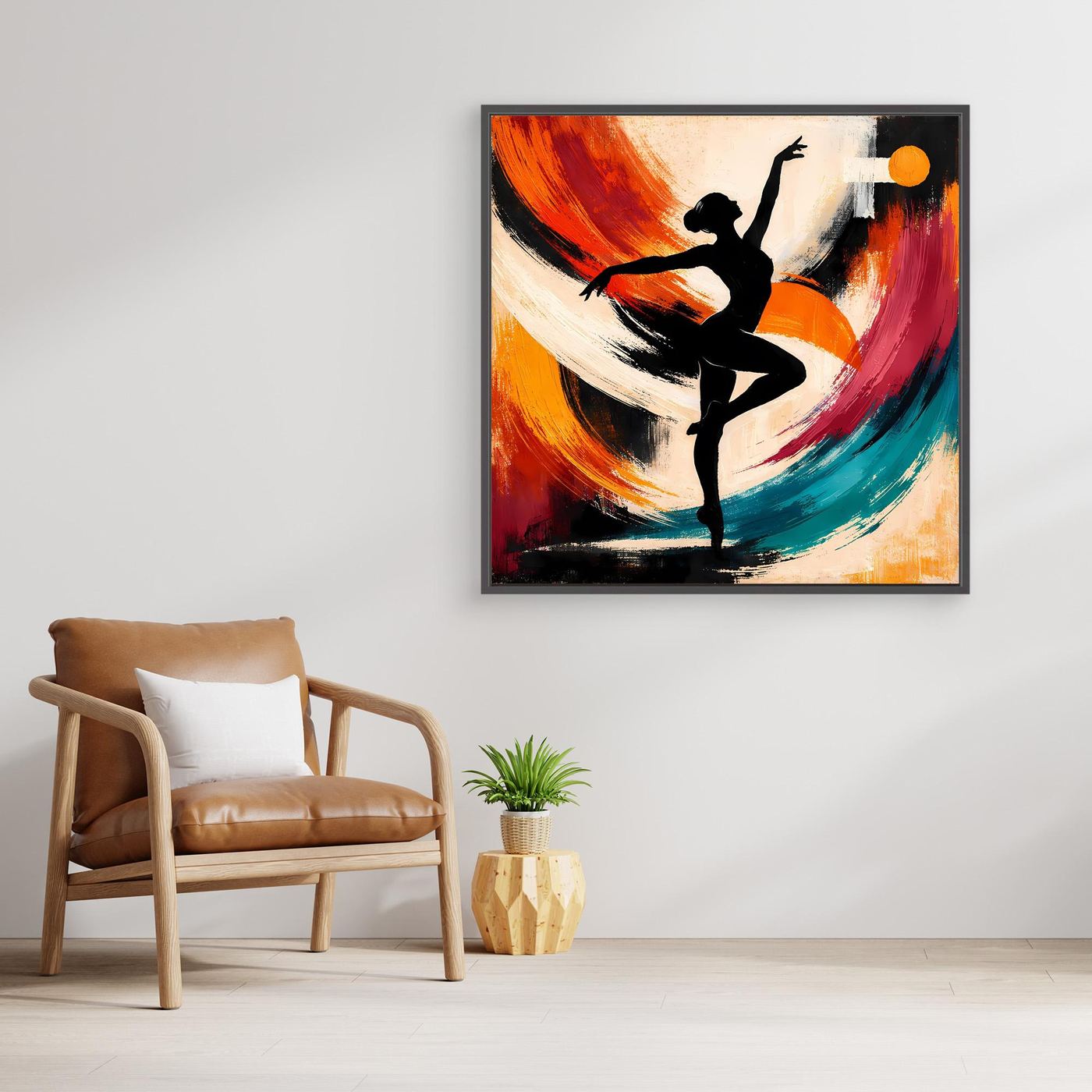 Leinwandbild: abstrakte Ballerina mit schwarzer Silhouette, rote und türkisfarbene Farbflächen