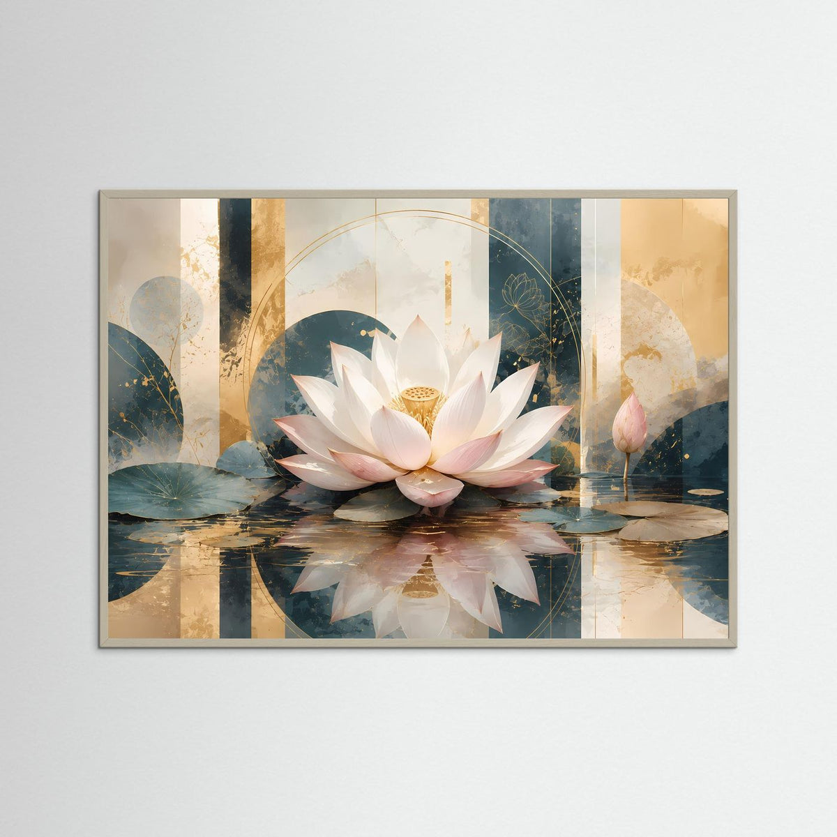 Gerahmtes Querformat-Poster mit Lotusblüte auf Wasser, grauer Rahmen, cremeblau