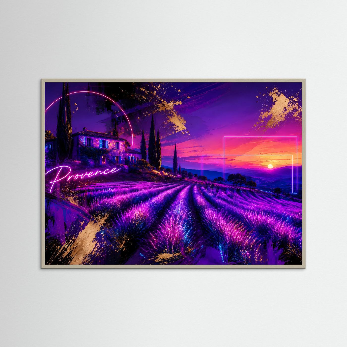 Provence Lavendelfeld Neon Poster | Futuristische Landschaft | Lavendel Sonnenuntergang | Moderne Wandkunst | Fine Art Print