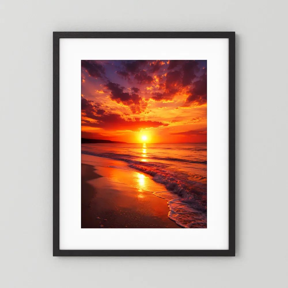 Poster im schwarzen Rahmen mit weißem Passepartout, Sonnenuntergang am Strand