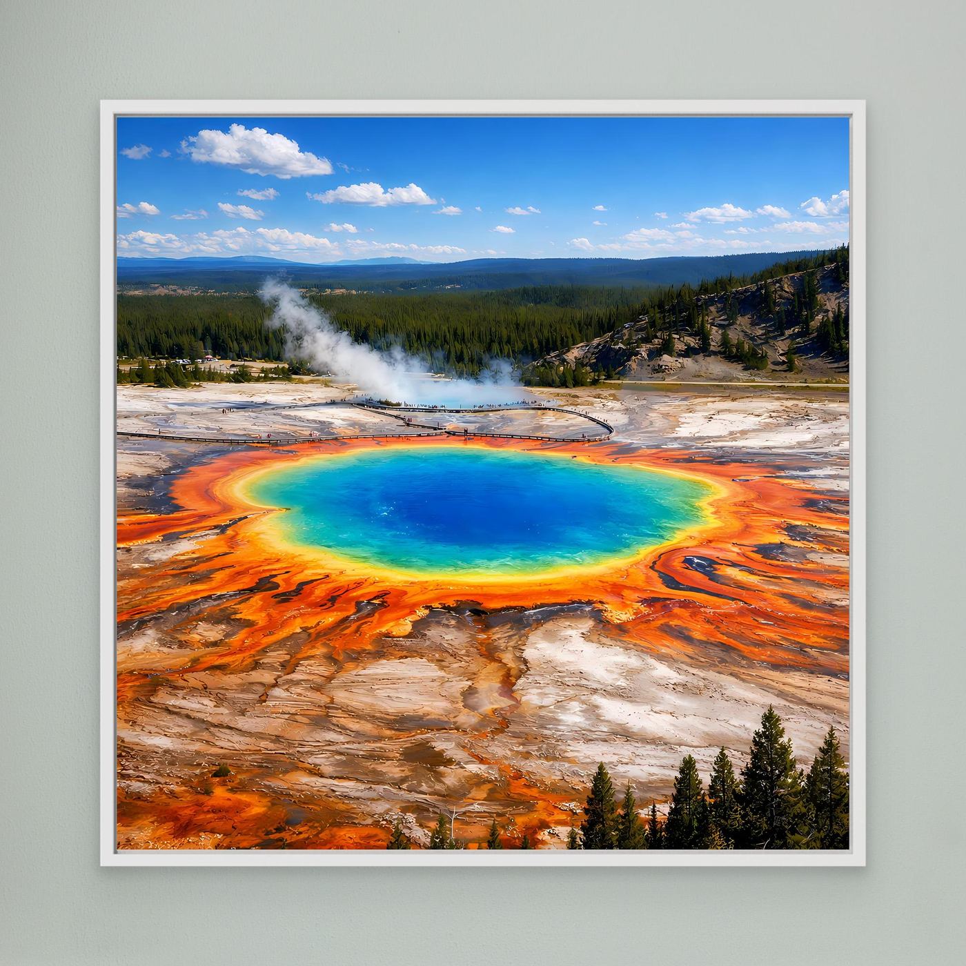 Gerahmtes Leinwandbild mit Blick auf die Grand Prismatic Spring, blaues Becken und orange Ränder