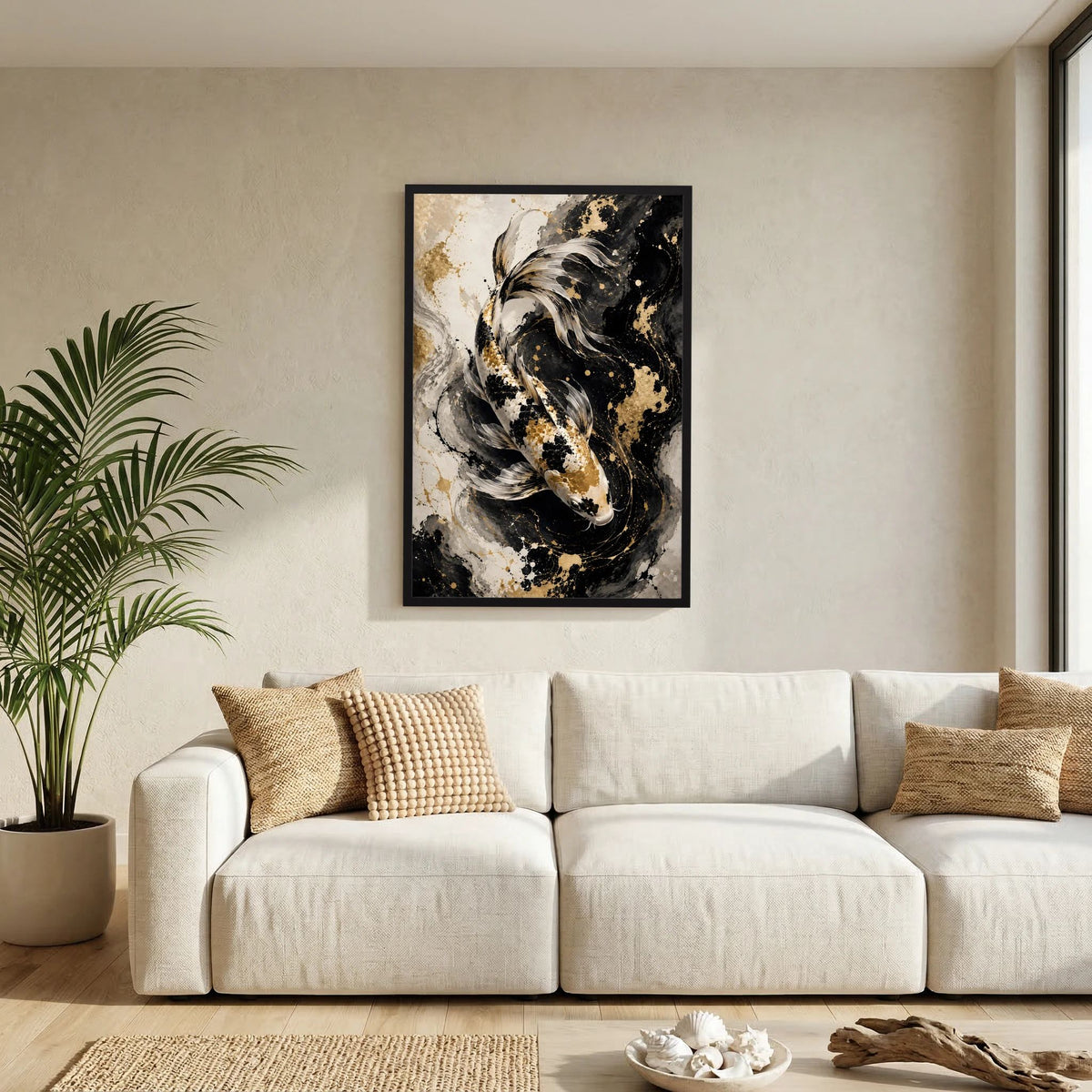 Koi-Wandposter mit schwarzem Rahmen: abstrakter Koi in Schwarz, Weiß und Gold