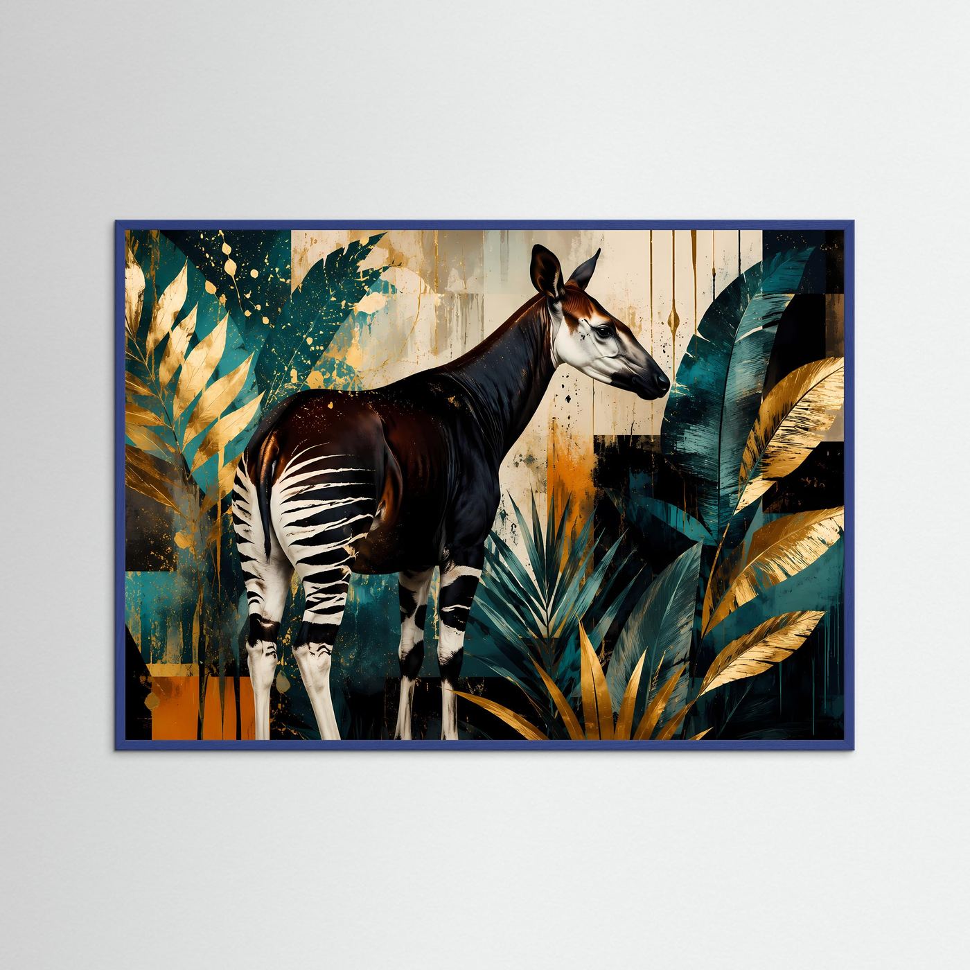 Anmutige Okapi im Dschungel-Farbspiel | Modernes Wildlife- & Dschungel-Poster Querformat