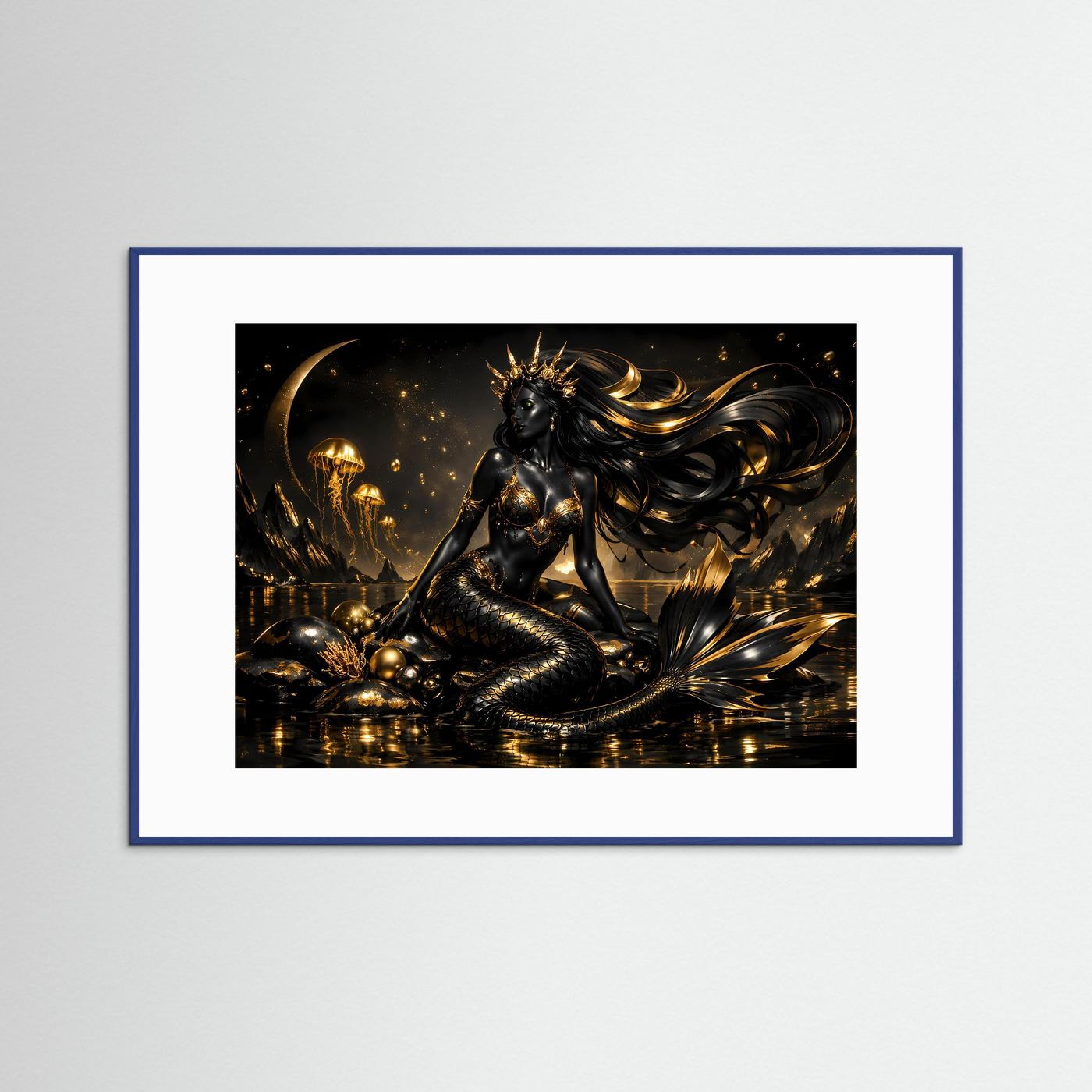 Schwarze Meerjungfrau mit Goldkrone & Quallen | Mystisches Wandbild Querformat