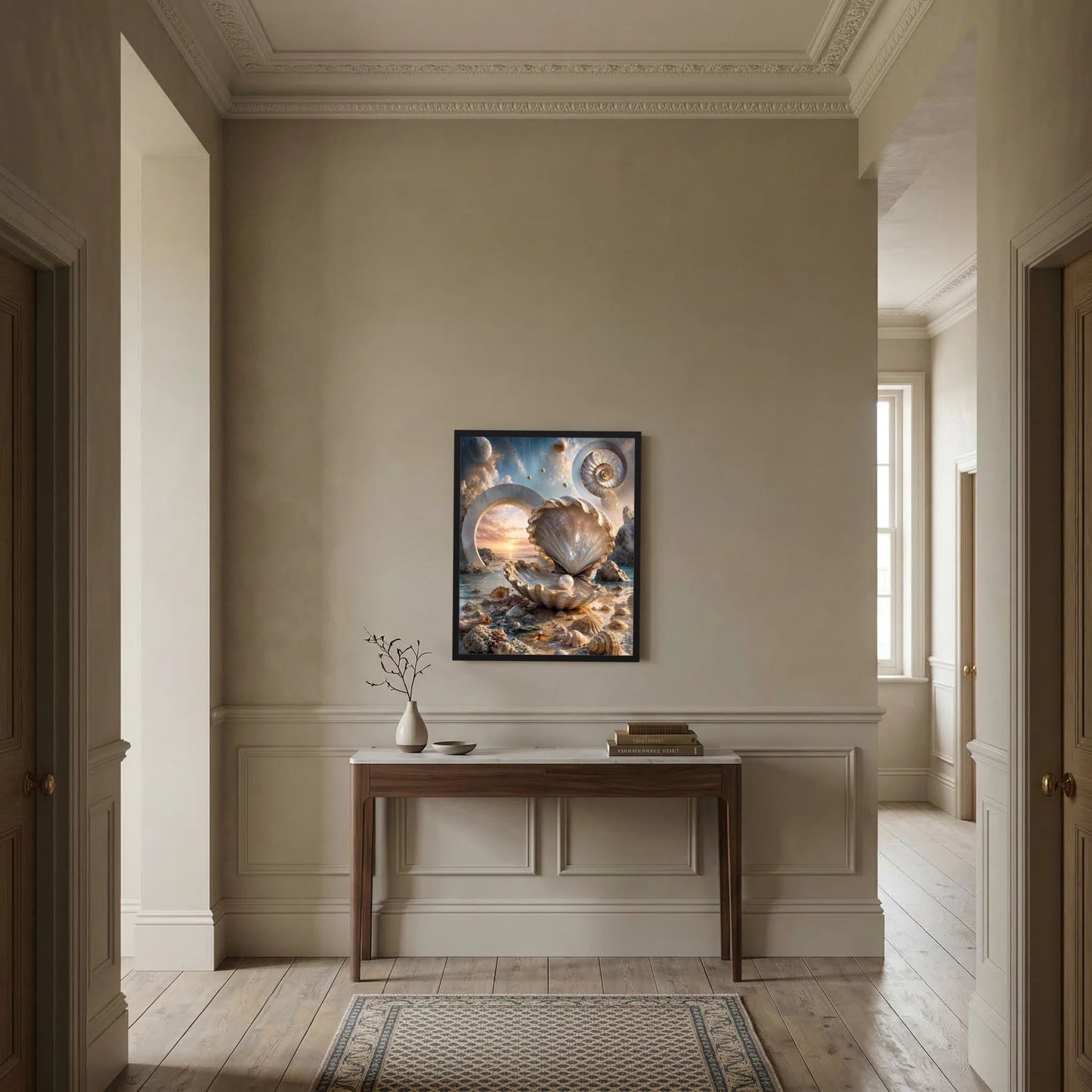 Wandkonsole mit gerahmtem Hochformat-Wandposter: Muschel mit Perle, Creme-Gold-Ozean